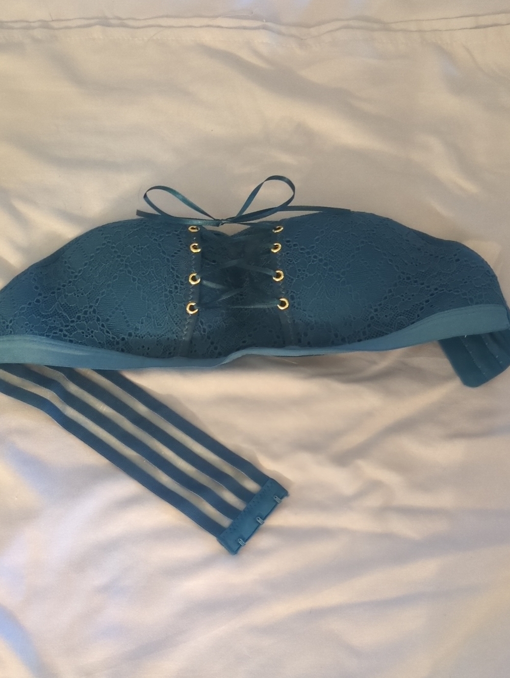 Lace Strapless Corset-Style Bandeau Bra in Teal